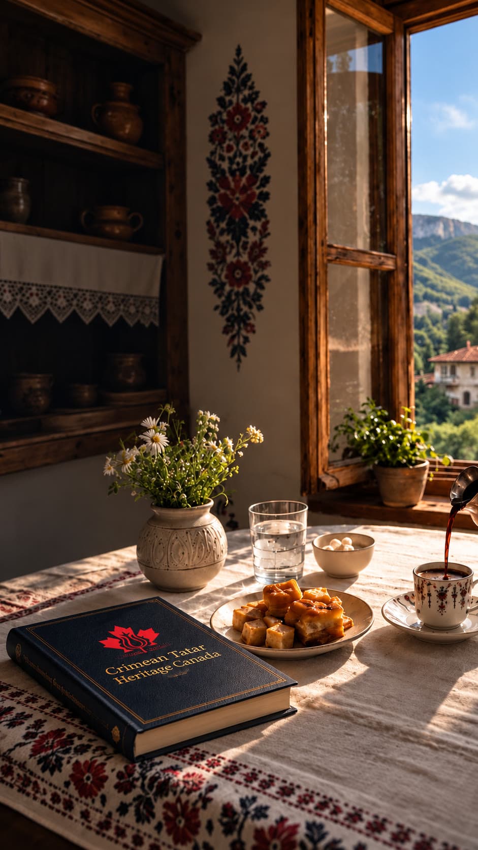 A warm Crimean Tatar interior overlooking Bakhchysarai, with coffee, sweets, and a heritage book on the table.
